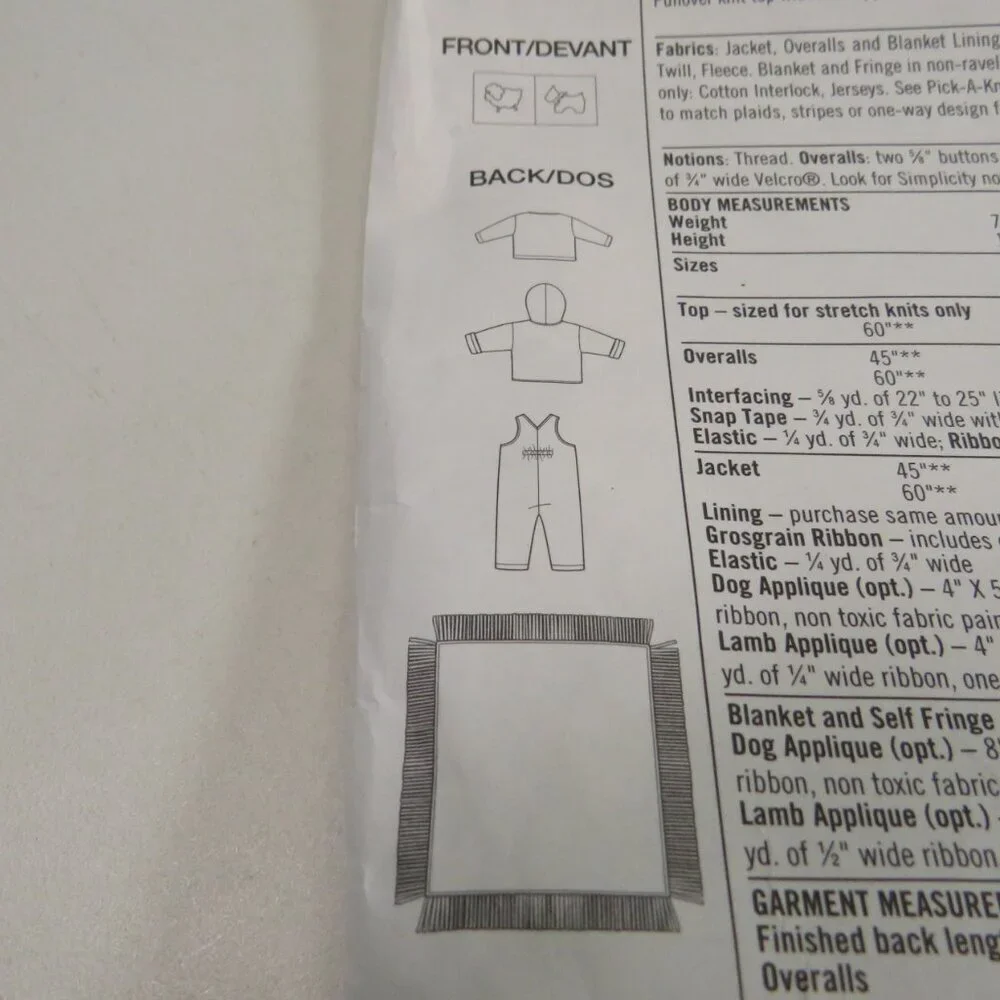 Simplicity 8371 Clothing Sewing Pattern NB- 18mts UNCUT Overalls, Jacket etc
